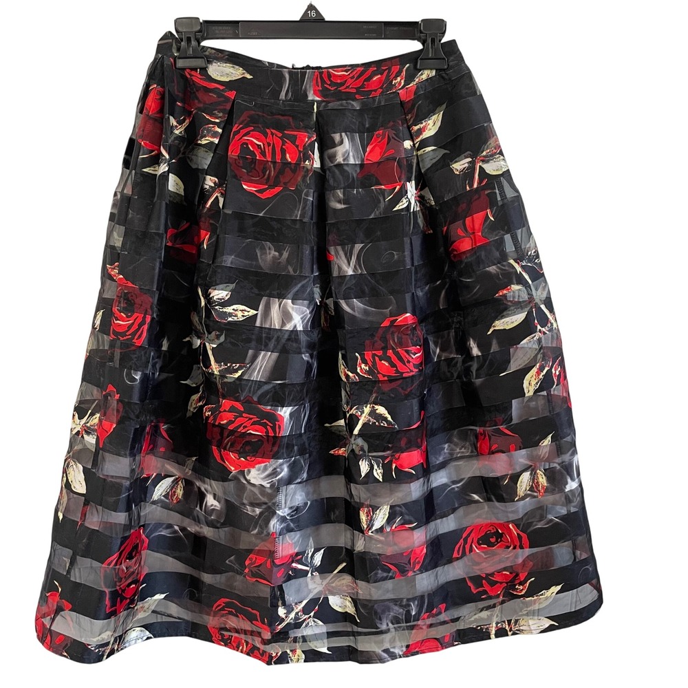 Touch Me Black Rose Floral Organza Overlay Pleated Skirt Small Dark Romantic